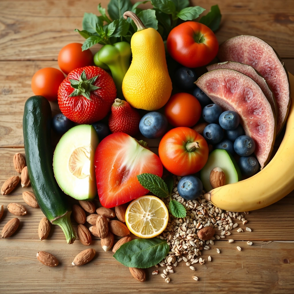 Assorted healthy foods arranged beautifully on a wooden table